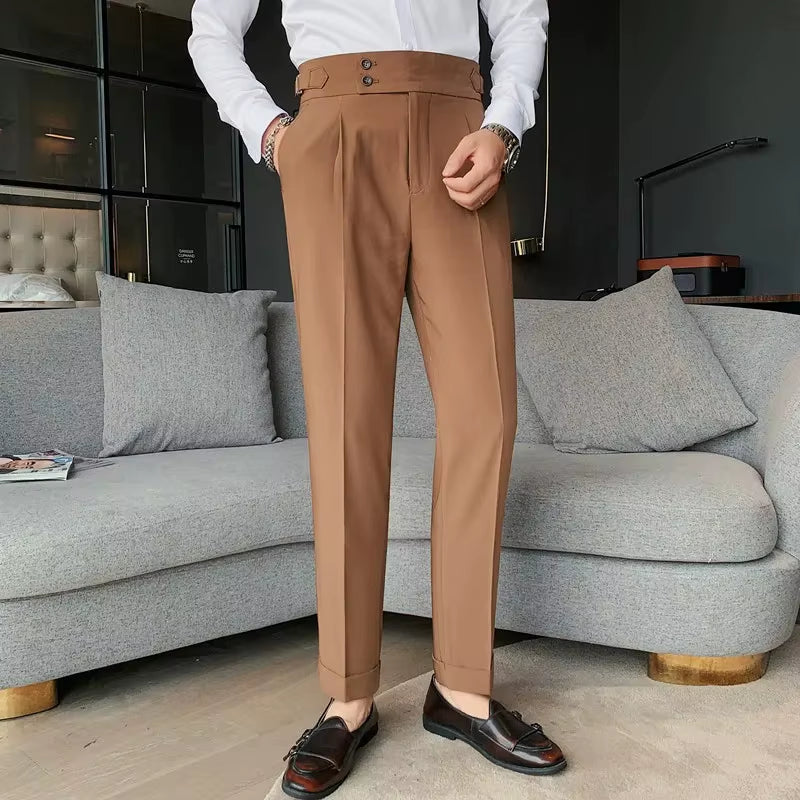 High-Waisted Casual Men'S Trousers Brown Straight-Leg Slim Fit Business Professional Cropped Pants for a Slimmer Silhouette