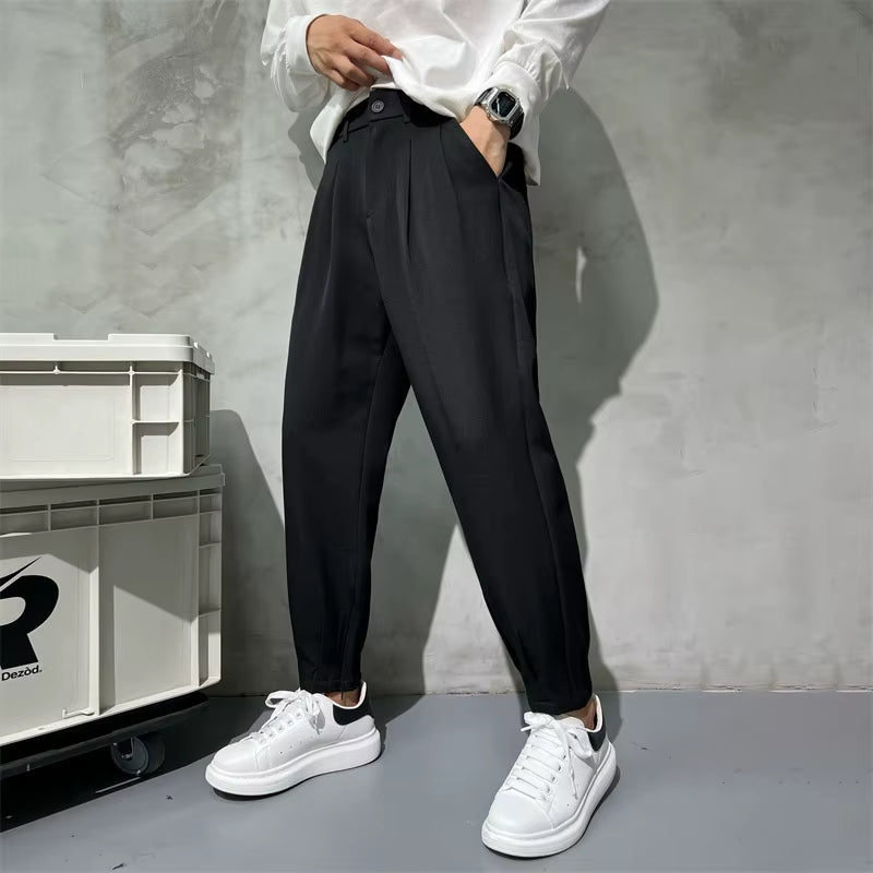 Solid Color Suit Pants Men Fashion Business Society Mens Dress Ankle Zipper Pants Korean Straight Mens Office Formal Trousers