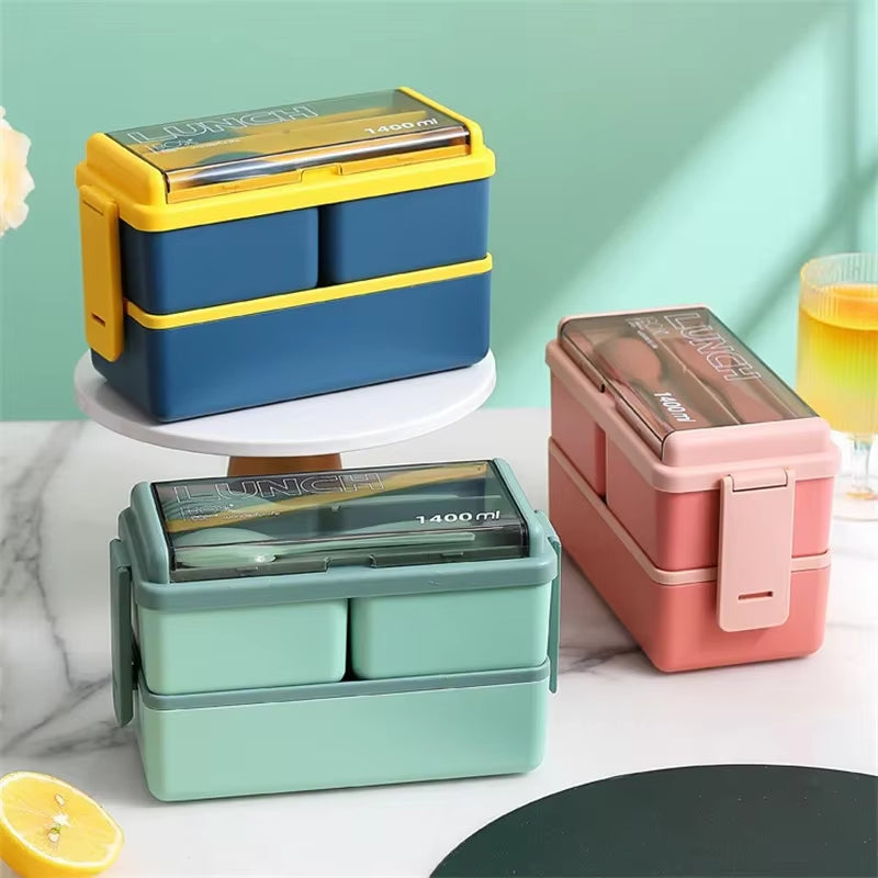 Portable Leakproof Sealed Lunch Box for Kids with Fork & Spoon Single/Double Layer Microwave Bento Boxes Food Storage Container