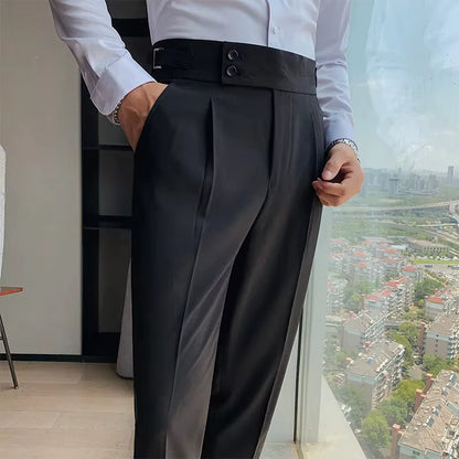 High-Waisted Casual Men'S Trousers Brown Straight-Leg Slim Fit Business Professional Cropped Pants for a Slimmer Silhouette