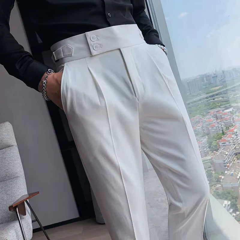 High-Waisted Casual Men'S Trousers Brown Straight-Leg Slim Fit Business Professional Cropped Pants for a Slimmer Silhouette