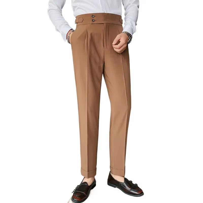 High-Waisted Casual Men'S Trousers Brown Straight-Leg Slim Fit Business Professional Cropped Pants for a Slimmer Silhouette