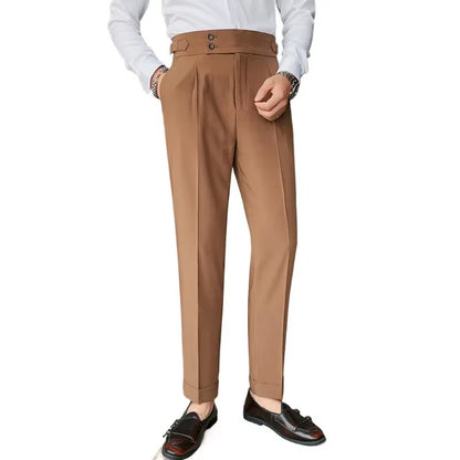 High-Waisted Casual Men'S Trousers Brown Straight-Leg Slim Fit Business Professional Cropped Pants for a Slimmer Silhouette