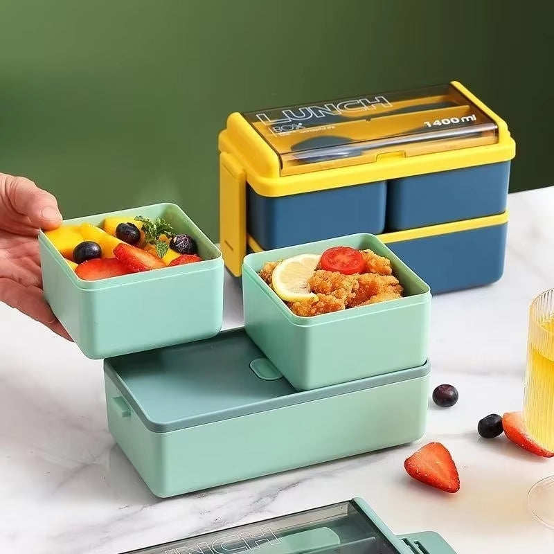 Portable Leakproof Sealed Lunch Box for Kids with Fork & Spoon Single/Double Layer Microwave Bento Boxes Food Storage Container